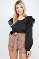 Balloon Sleeve Lace Ruffle Top - Black - Tops