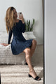 Boho Acid Wash Long Sleeves Swing Dress - Navy Blue - 