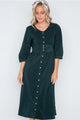 Corduroy 3/4 Sleeve Button Down Midi Dress - Olive - Dresses