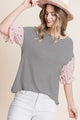 Cute Striped Curved Hem Casual Top - Pink - Tops