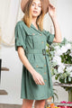 Drop Shoulder With Saist Tie Belted Mini Dress - Green - 