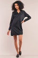 Jet Black Satin V-neck Long Sleeve Relaxed Fit Shirt Dress -