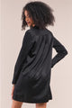 Jet Black Satin V-neck Long Sleeve Relaxed Fit Shirt Dress -