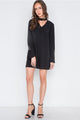 Long Sleeve V-cut Out Solid Mini Dress - Black - Dresses