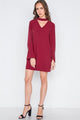 Long Sleeve V-cut Out Solid Mini Dress - Wine - Dresses