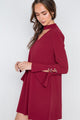 Long Sleeve V-cut Out Solid Mini Dress - Wine - Dresses