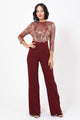 Open Back Gold Sequin Pattern Jumpsuit - Wine - Jumpsuits