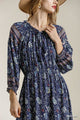 Paisley Print Smocked Ruffle Cuff Sleeve Maxi Dress - Navy -