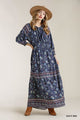 Paisley Print Smocked Ruffle Cuff Sleeve Maxi Dress - Navy -