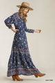 Paisley Print Smocked Ruffle Cuff Sleeve Maxi Dress - Navy -