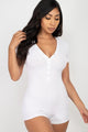 Ribbed Knit Button Trim Romper - White - Rompers