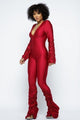 Shoulder Padded Ruched Stacked Jumpsuit - Red - Rompers