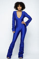 Shoulder Padded Ruched Stacked Jumpsuit - Royal Blue - 