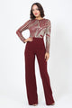 Sophisticated Gold Sequins Bodice Jumpsuit - Wine/Gold - 