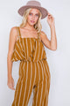 Stripe Buckle Shoulder Wide Leg Jumpsuit - Mustard